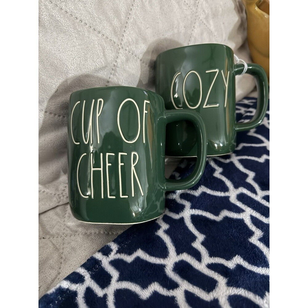 Rae Dunn Ceramic Mug Coffee/Tea Cup Of Cheer Cozy Green White Set Of Two (2)